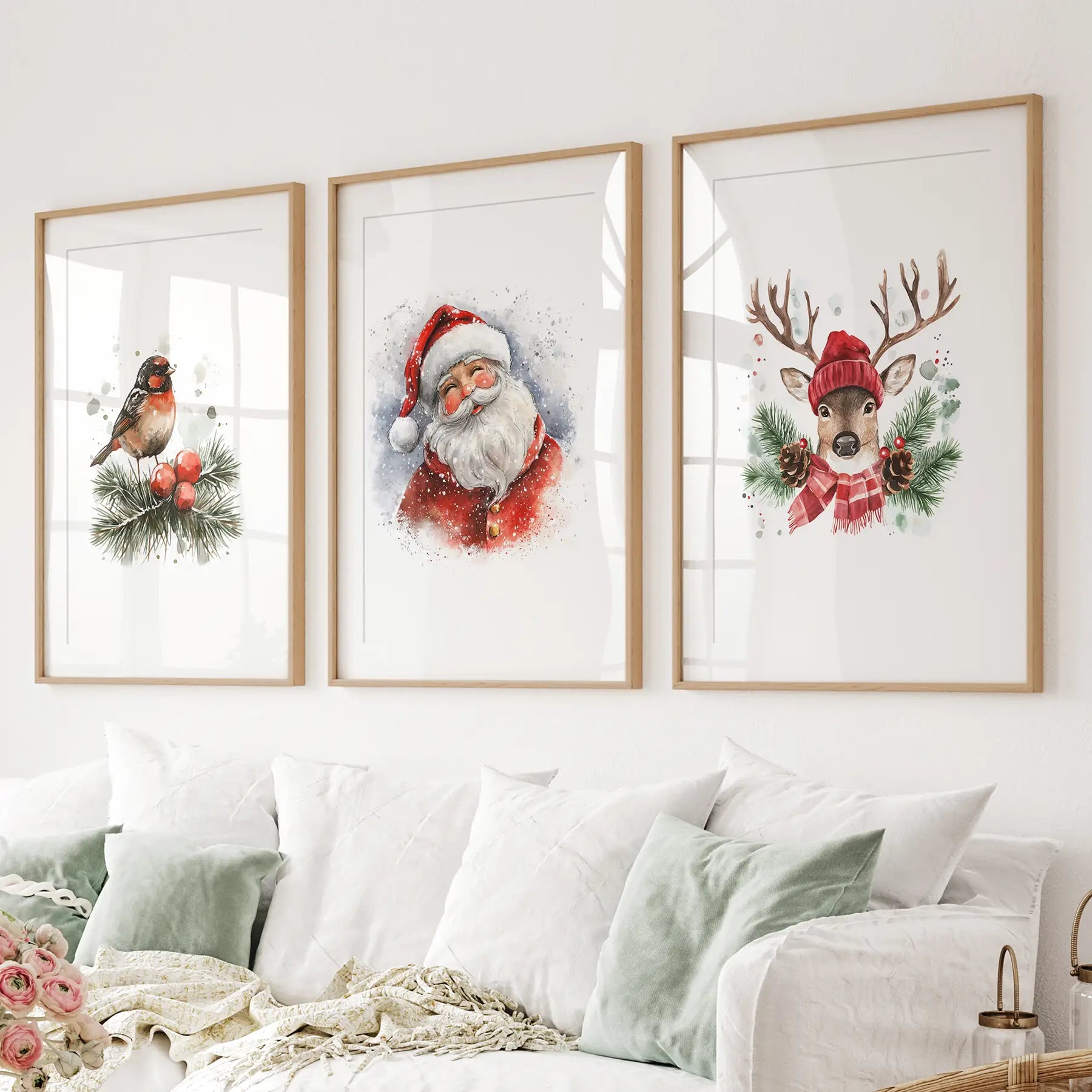 Christmas Print Set of 3: Santa, Reindeer, Holiday Wall Art