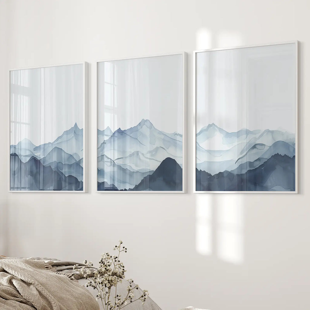 Blue Abstract Watercolor Mountain 3 Piece Decor