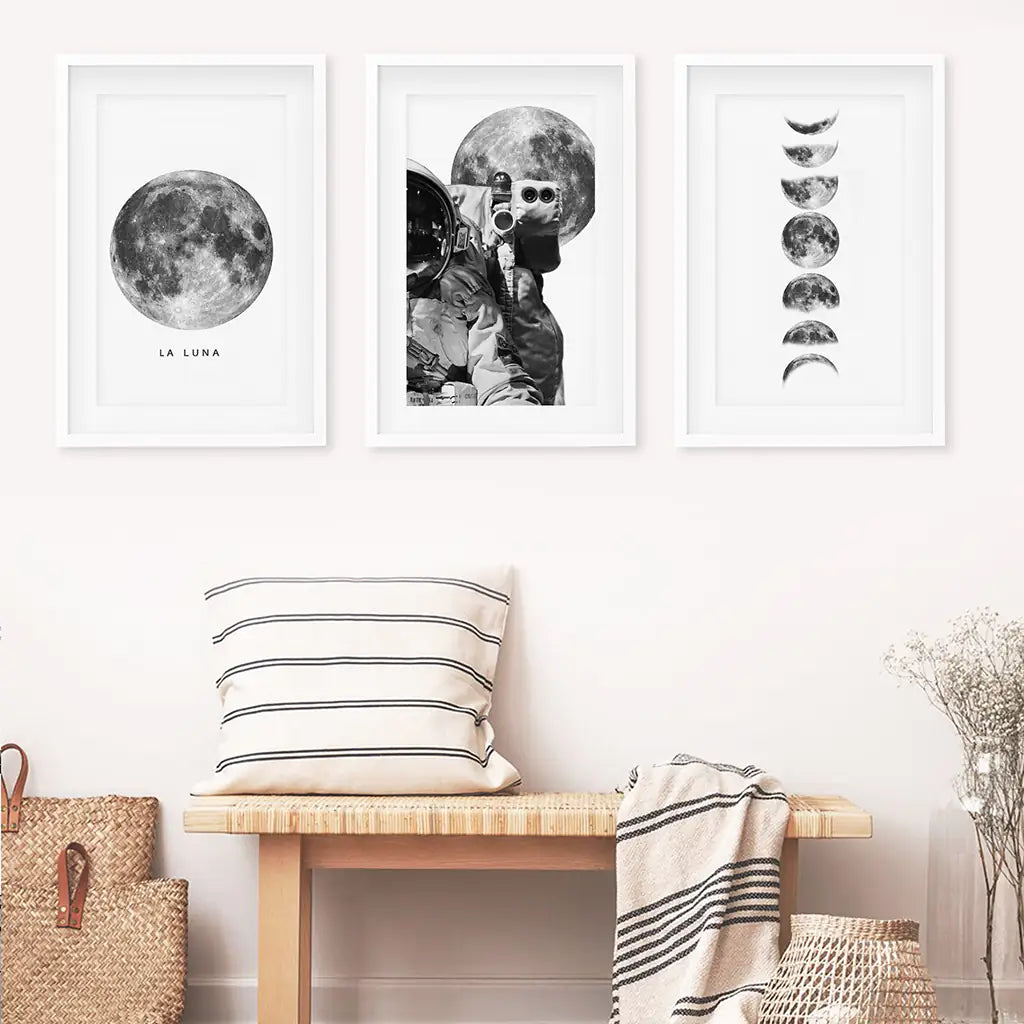 Modern Black White Moon Phases Wall Art Set of 3