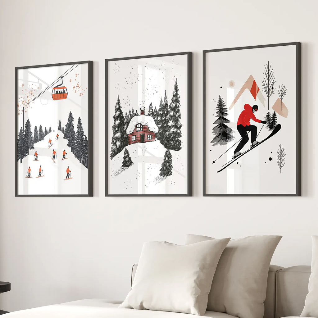 Alpine Skiing Winter Set of 3 Prints Home Wall Art