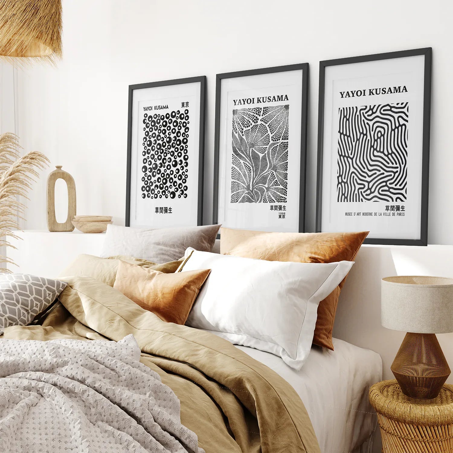 Black White set of 3 Piece Abstract Kusama Art