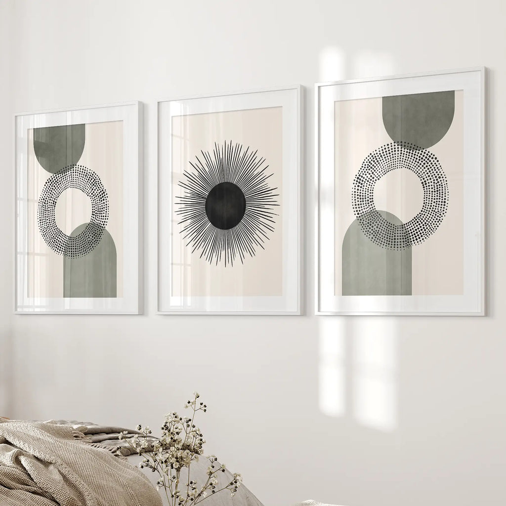 Set of 3 Boho Prints. Sage Green Modern Mid Century Wall Art.