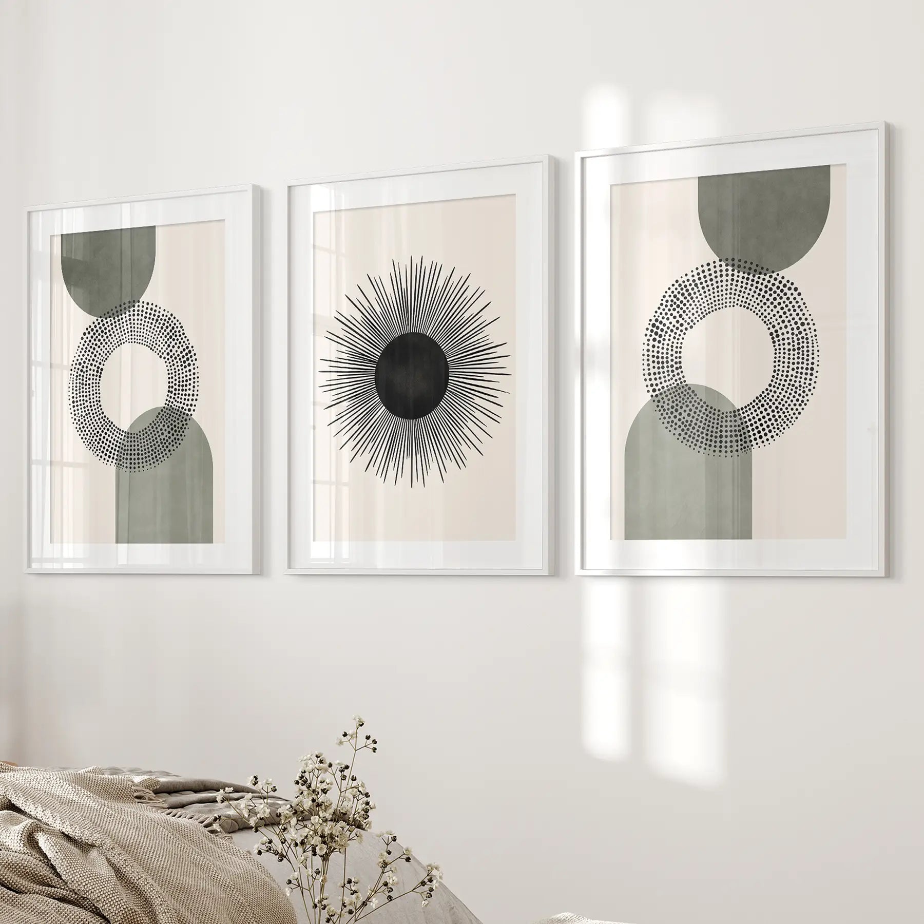 Set of 3 Boho Prints. Sage Green Modern Mid Century Wall Art.