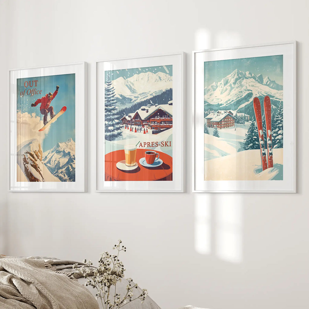 Ski Lodge Set of 3 Prints: Retro Snowboard, Après Ski Art
