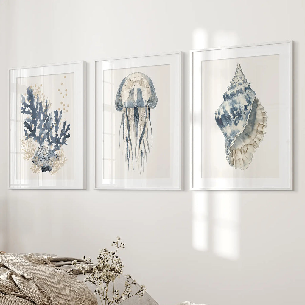 Beach House Wall Art Set. Blue Coral, Jellyfish, Shell