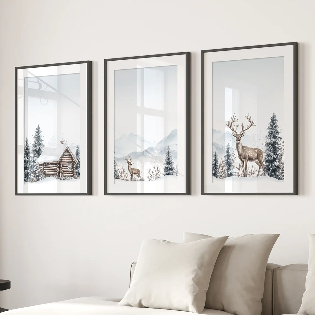 Snowy Deer Wall Art Set of 3. Winter Woodland Prints