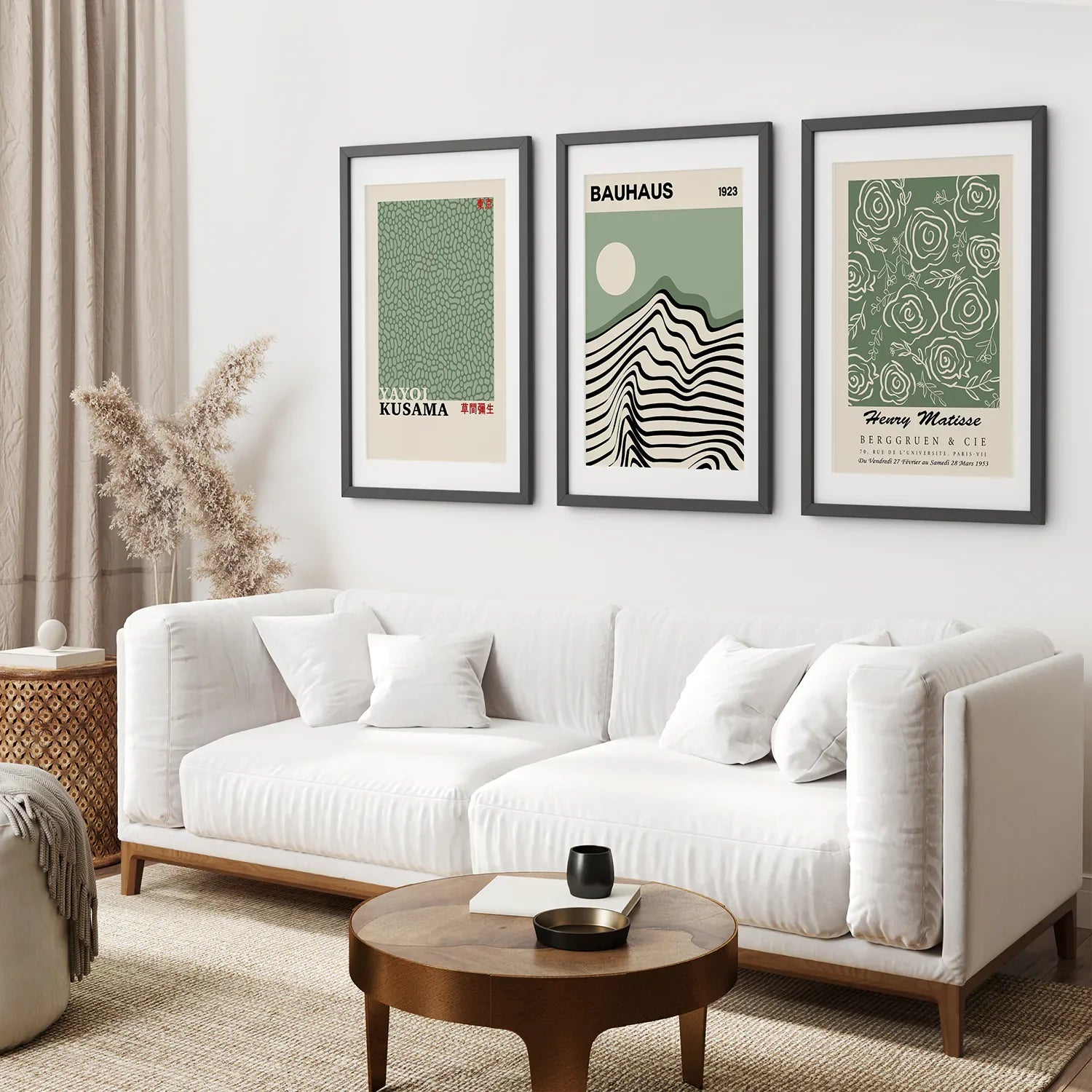 Sage Green Exhibition Art Set of 3 Prints. Bauhaus, Kusama, Matisse