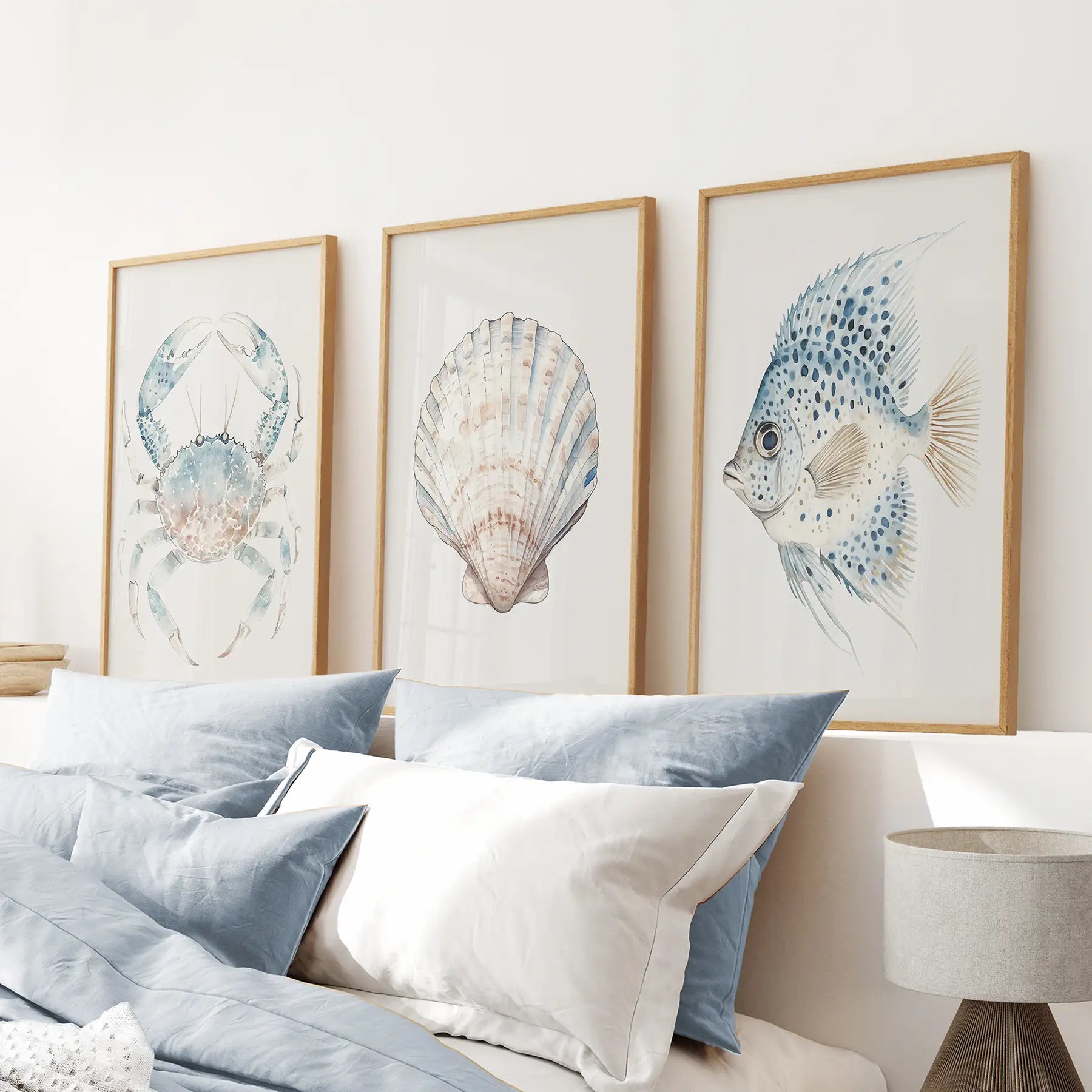 Watercolor Light Blue Nautical 3 Piece Art. Crab, Shell, Fish