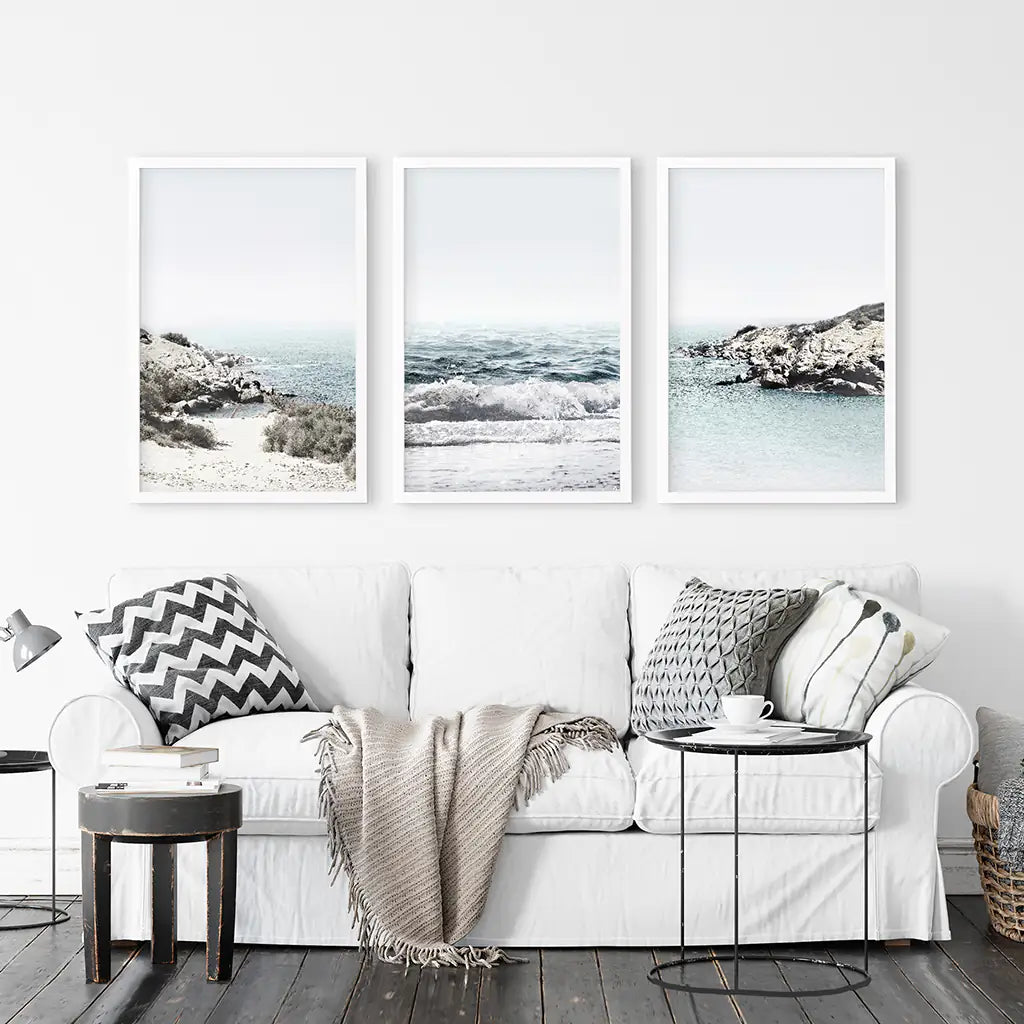 3 Piece Coastal Seascape Set. Blue Waves, Rocky Beach