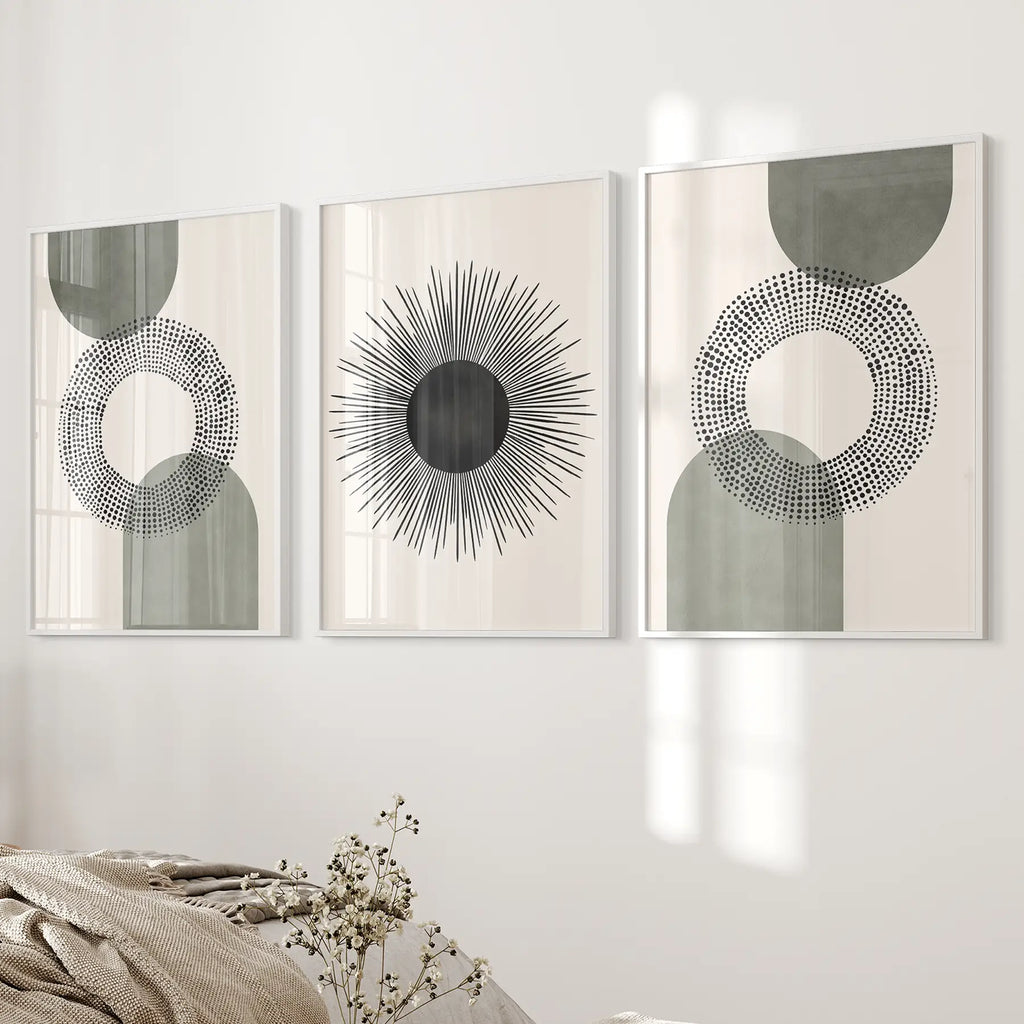 Set of 3 Boho Prints. Sage Green Modern Mid Century Wall Art.