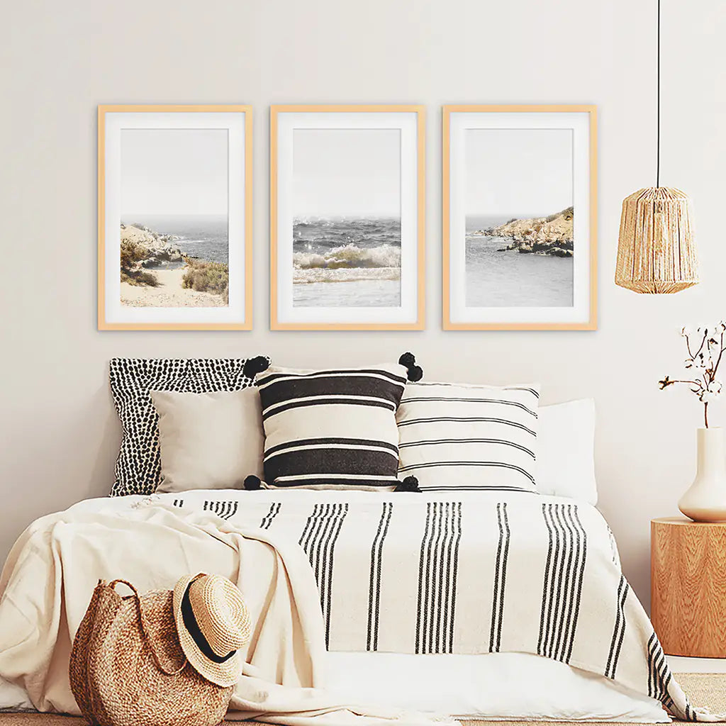 3 Piece Beige Ocean Beach Decor. Gray Waves with Rocks Wall Art