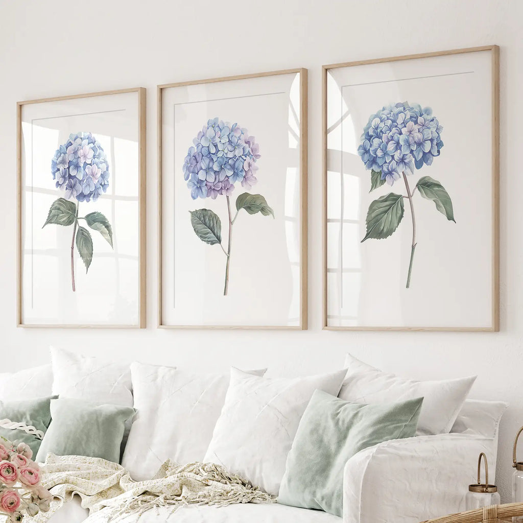 Light Blue Hydrangea Flower Wall Art Poster Set