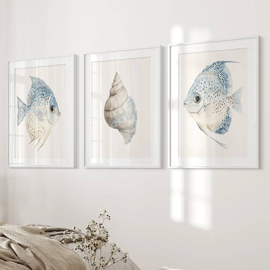 Trendy Nautical Wall Art Set of 3. Seashell and Fishes Posters