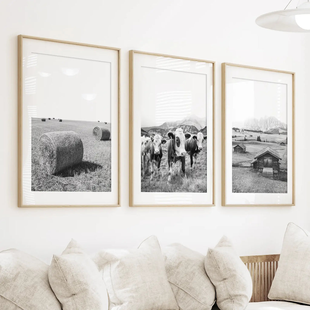 Black White Rustic Photo. Wall Art Set. Cows, Barn, Haystack