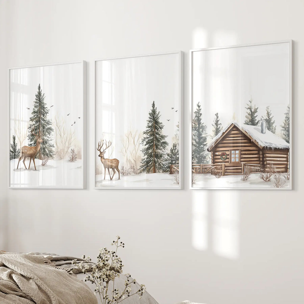 Deer and Cabin Winter 3 Piece Wall Art. Rustic Nordic Prints