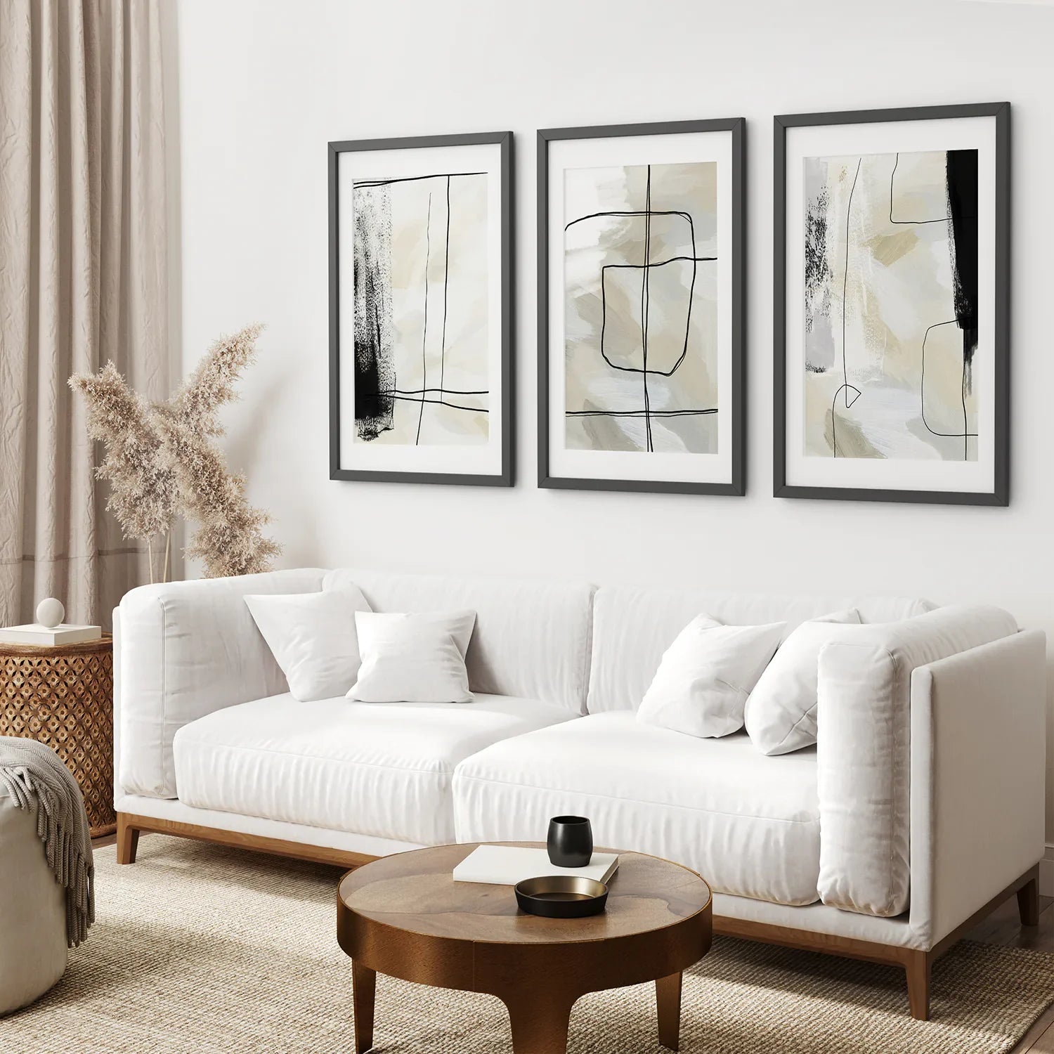 Black and Beige Minimalist Set of 3 Pieces. Nordic Abstract Style