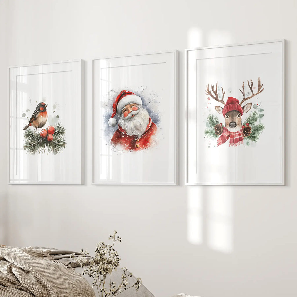Christmas Print Set of 3: Santa, Reindeer, Holiday Wall Art