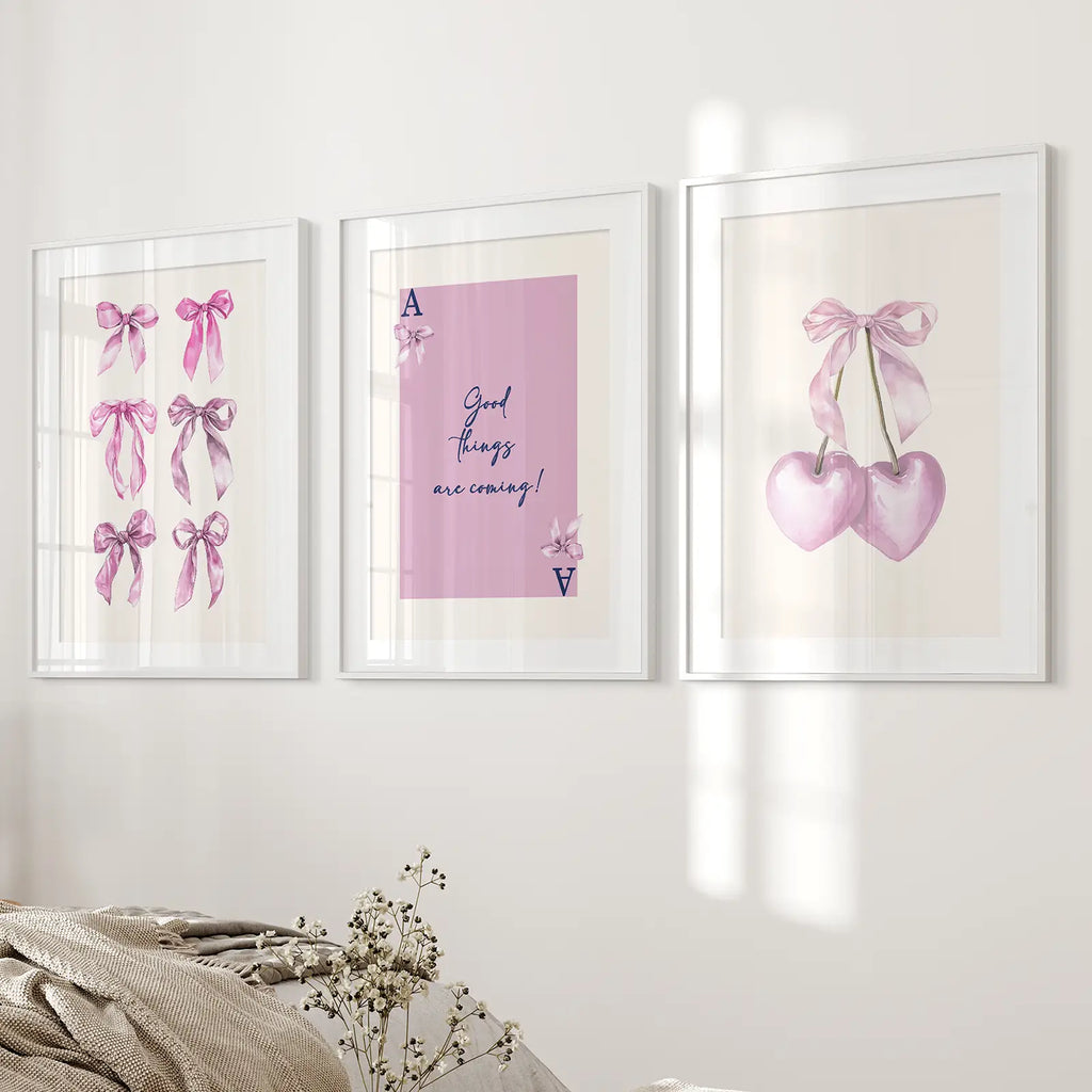 Trendy Pink Bows Wall Art Girly Print Decor Set