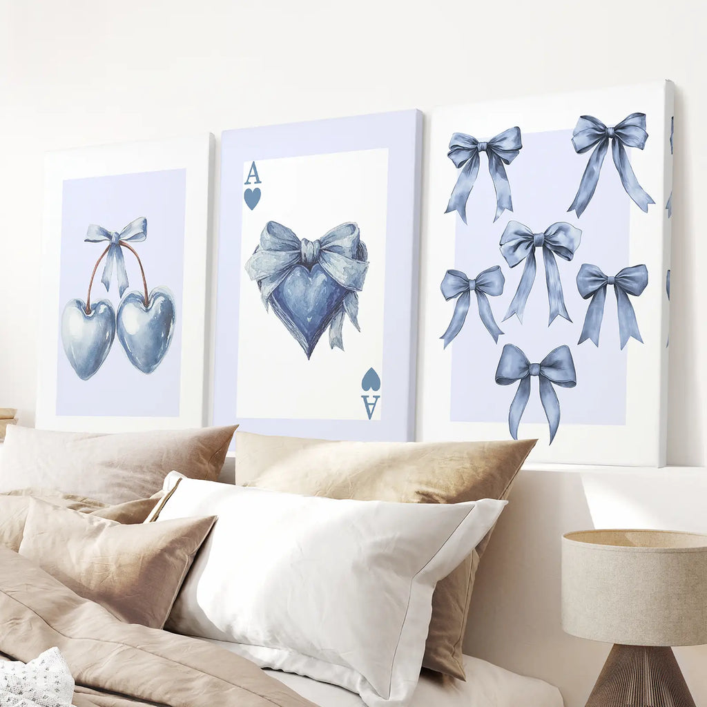 Blue Coquette Bows Wall Art Set of 3 Prints Decor