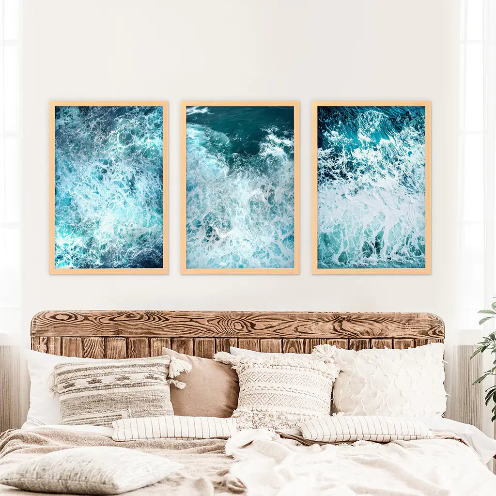 3 Piece Blue Minimalist Ocean Waves Large Wall Decor