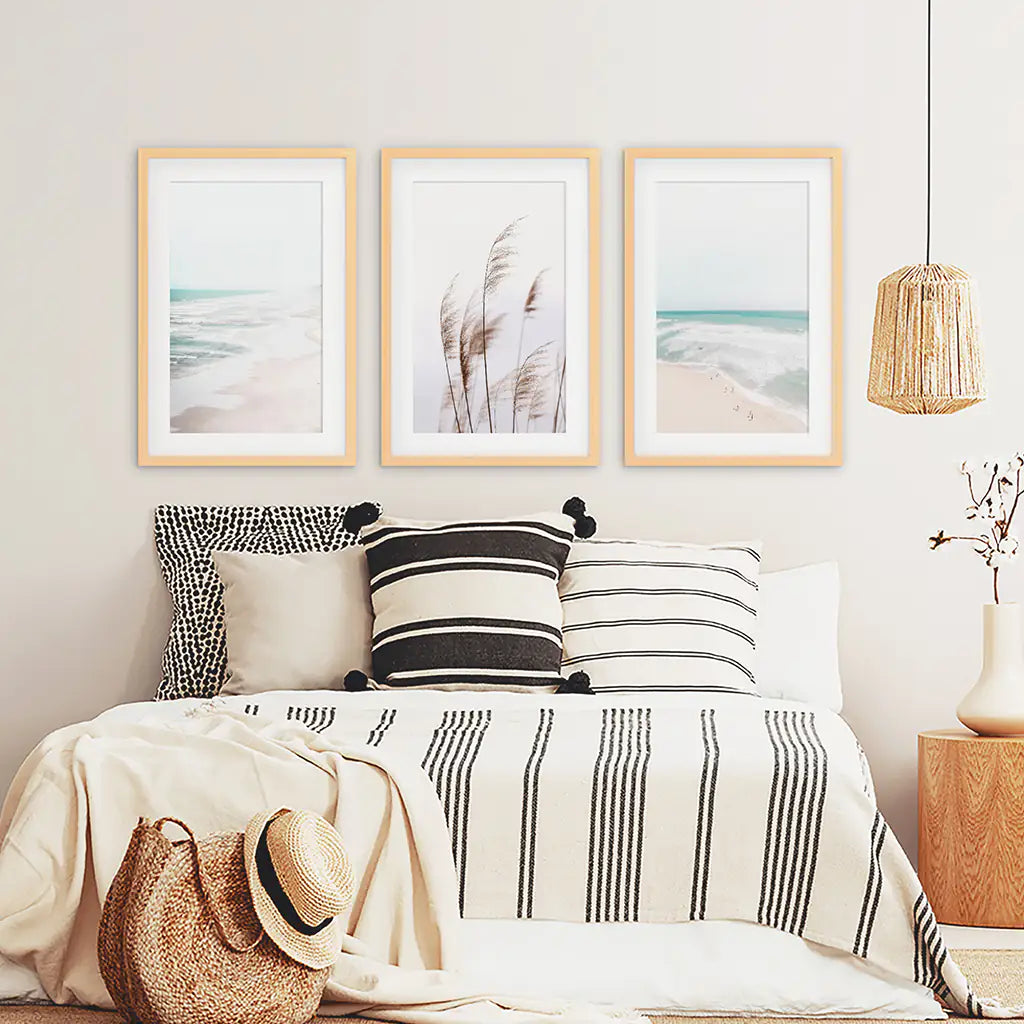 Coastal Boho Wall Art. Beach Pampas Grass, Blue Ocean Waves