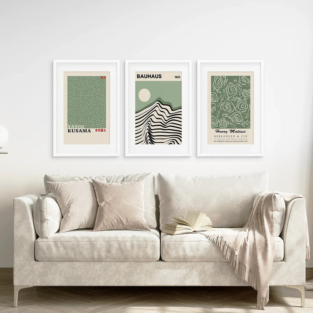Sage Green Exhibition Art Set of 3 Prints. Bauhaus, Kusama, Matisse