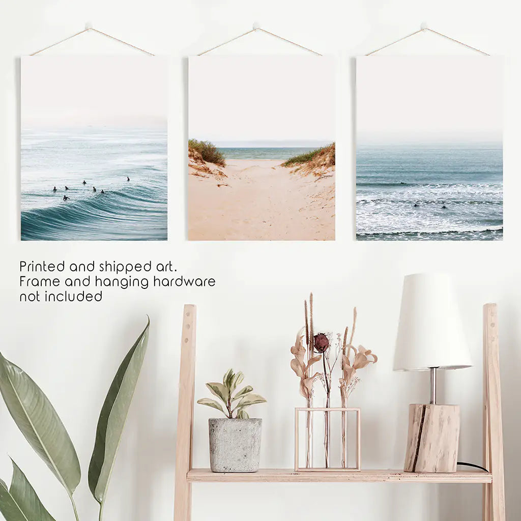 Modern Beach Set of 3 Posters. Sandy Beach, Waves, Surfers