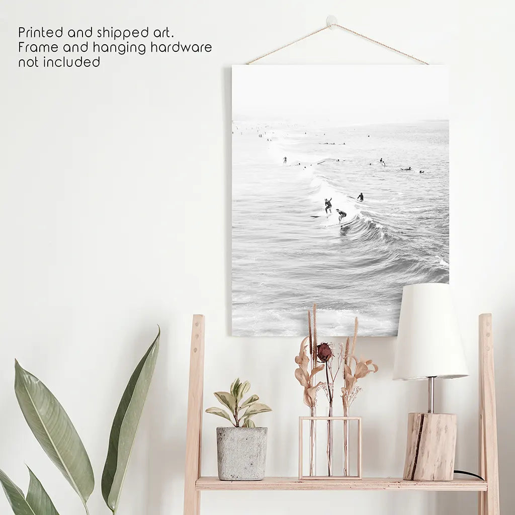 Black White Surfers on the Waves Wall Art Print
