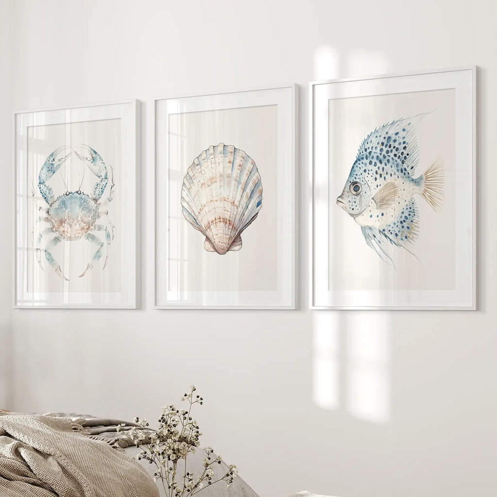 Watercolor Light Blue Nautical 3 Piece Art. Crab, Shell, Fish