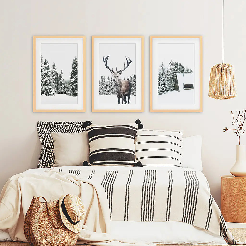3 Piece Christmas Wall Art. Forest, Log Cabin, Reindeer