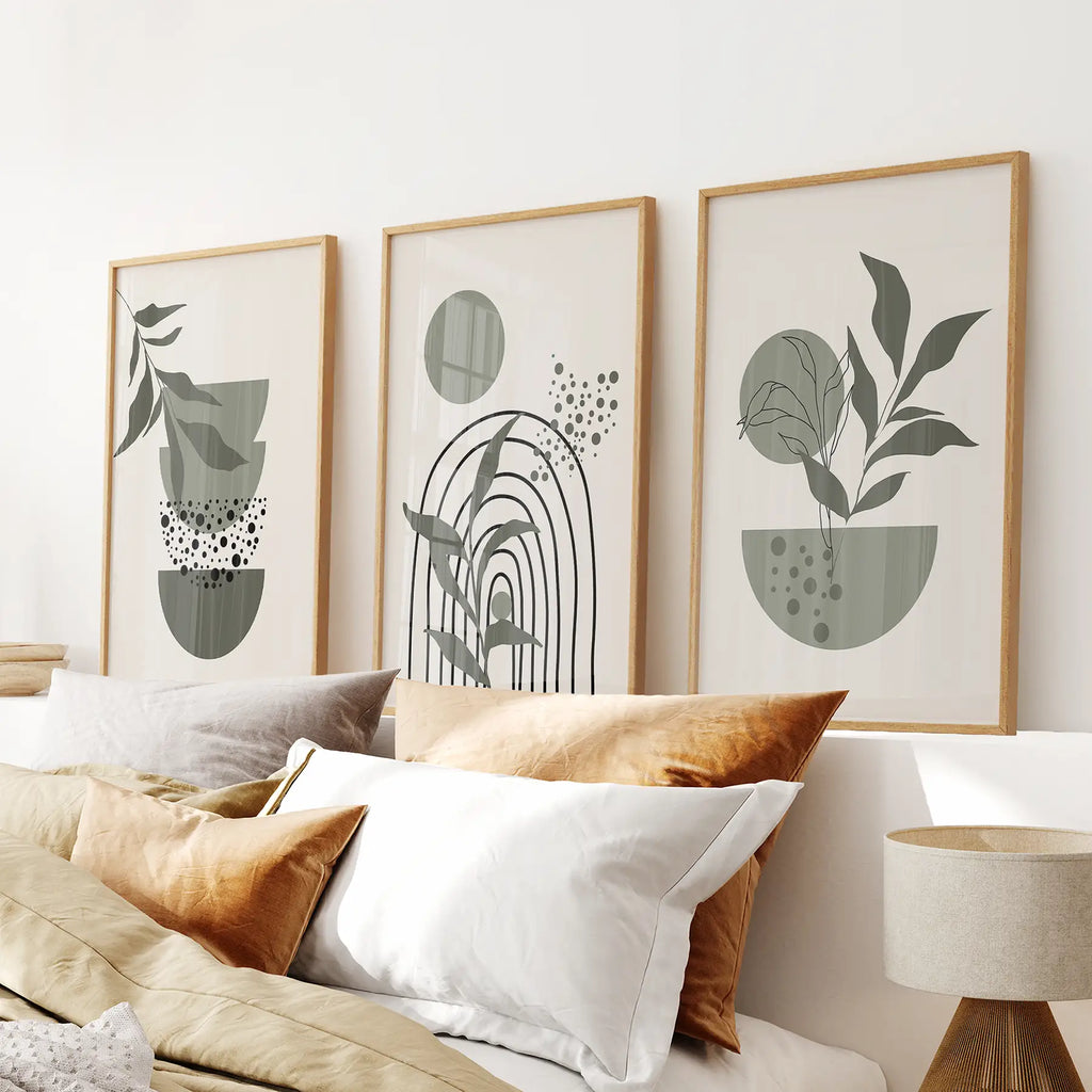 3 Piece Boho Wall Art Prints. Green Mid-Century Abstract Decor