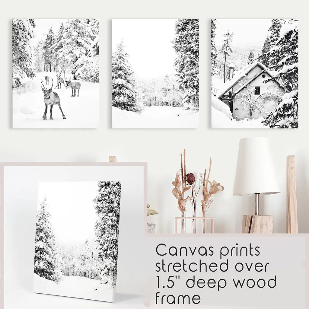 Black White Winter Woodland Wall Art Set. Reindeers, Cabin