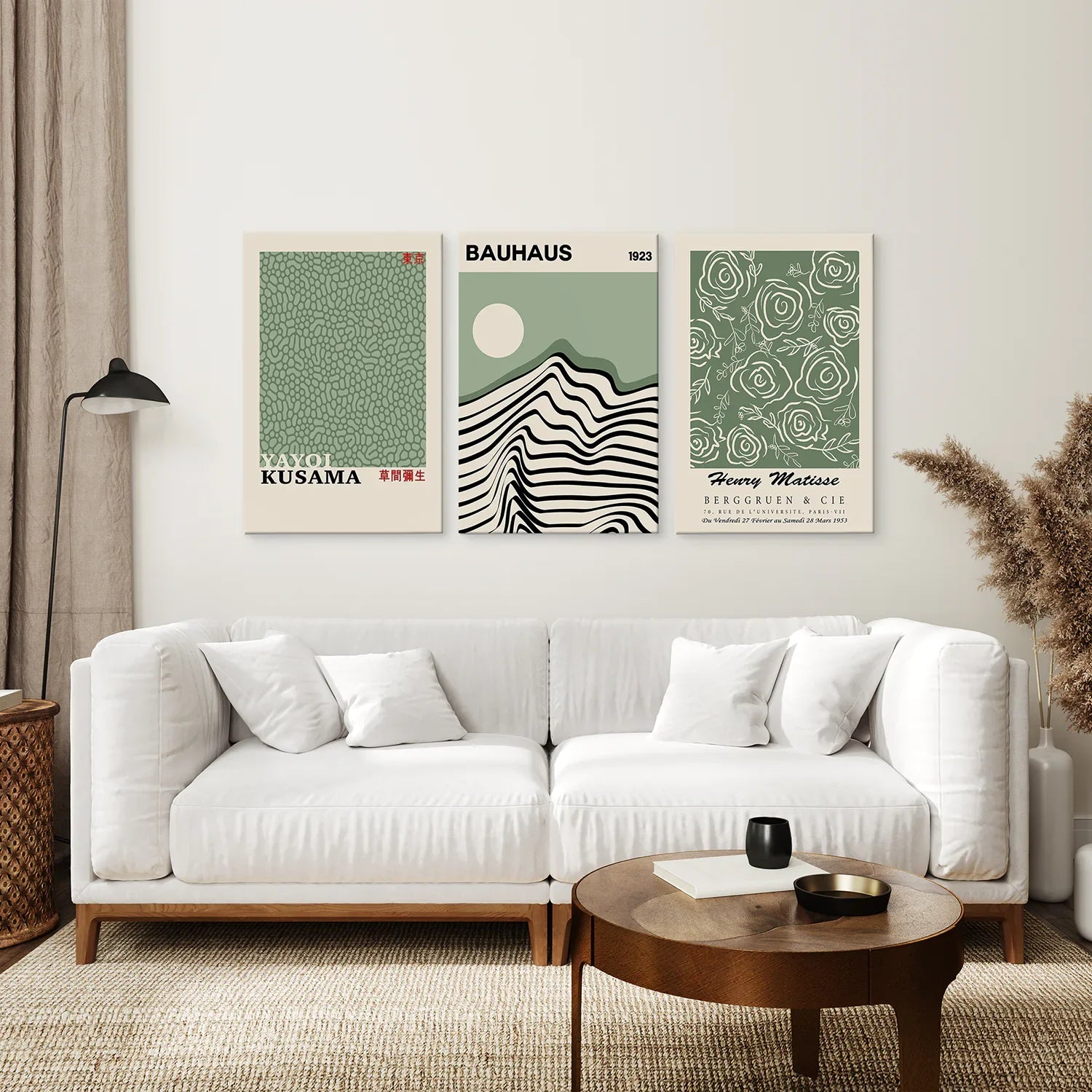 Sage Green Exhibition Art Set of 3 Prints. Bauhaus, Kusama, Matisse