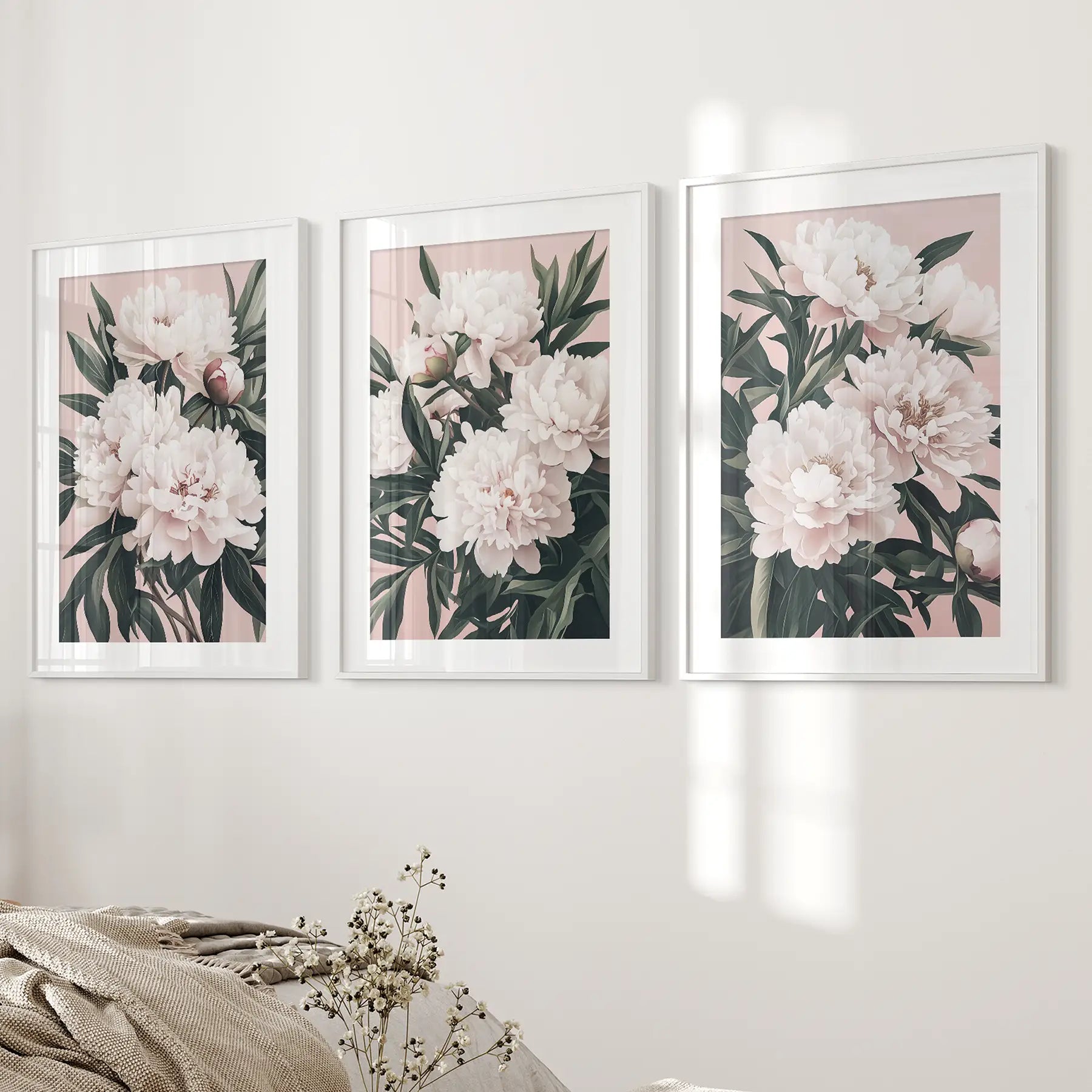 Peonies Flowers Wall Art Set of 3. Pink and Green Decor