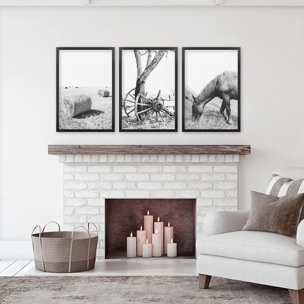 Black White Farm House Wall Décor. Horse, Hay Bales