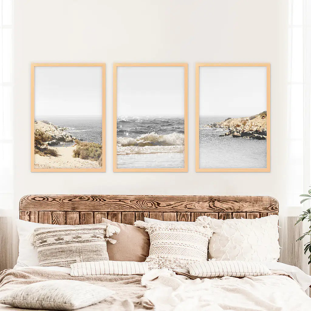3 Piece Beige Ocean Beach Decor. Gray Waves with Rocks Wall Art