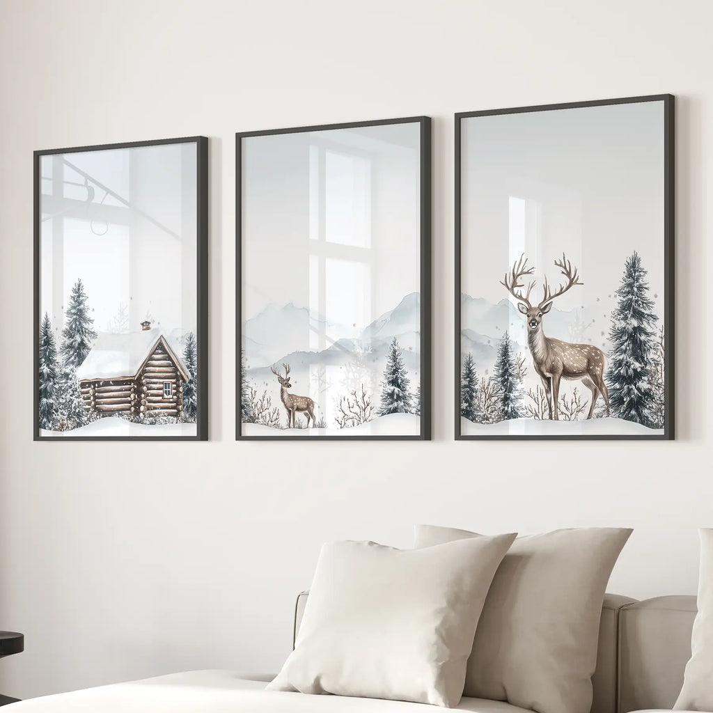Snowy Deer Wall Art Set of 3. Winter Woodland Prints