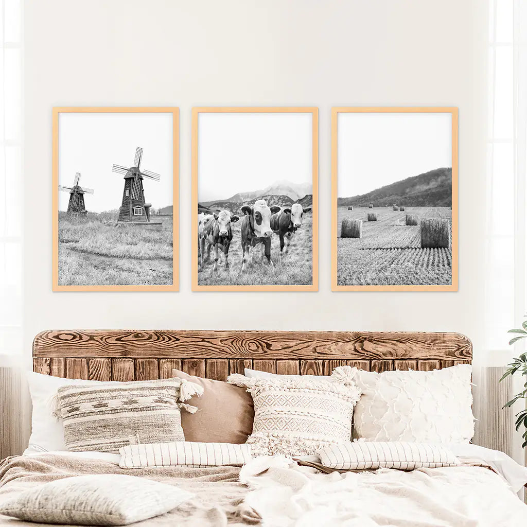 Farmhouse Black White Wall Art. Windmill, 3 Cows, Hay Bales