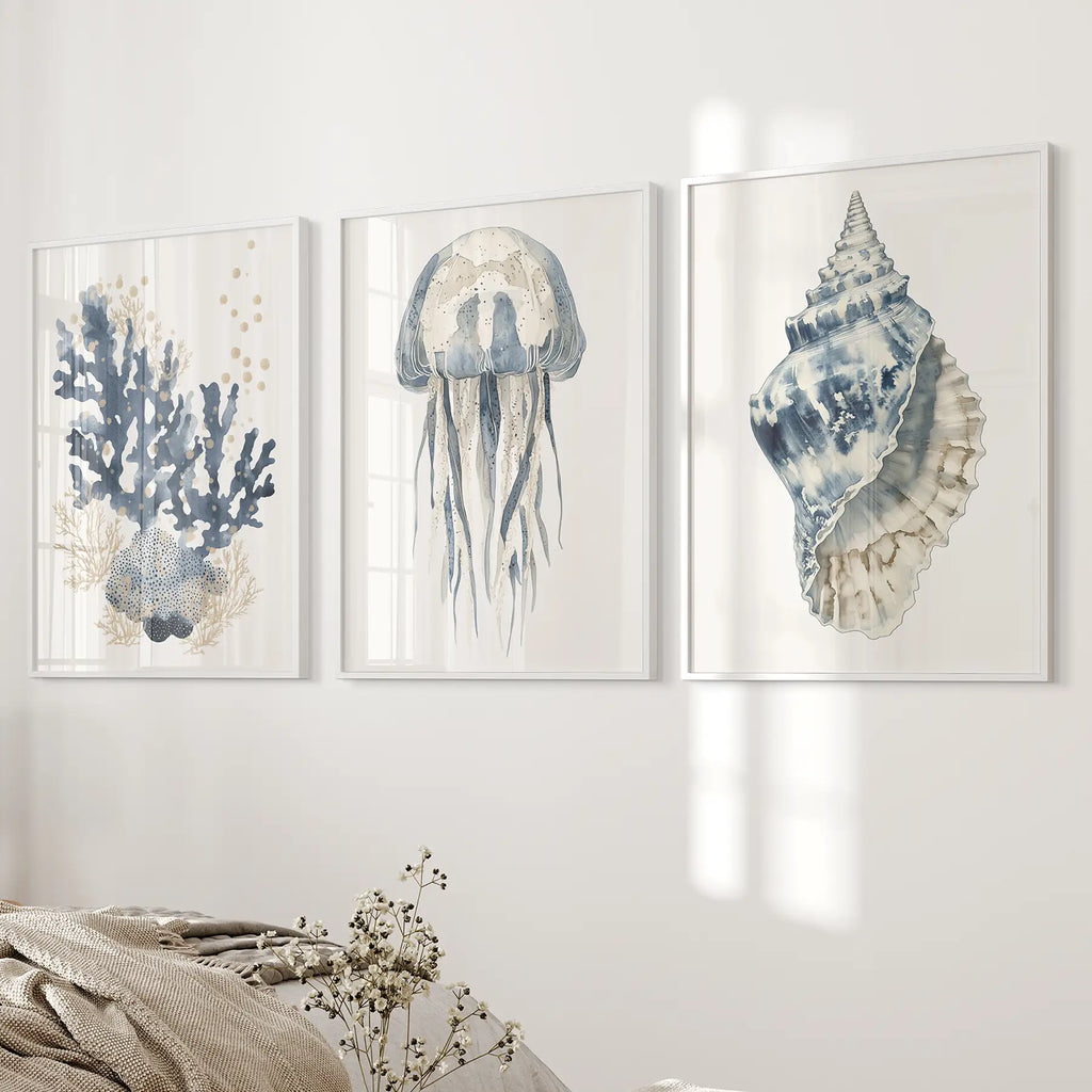 Beach House Wall Art Set. Blue Coral, Jellyfish, Shell