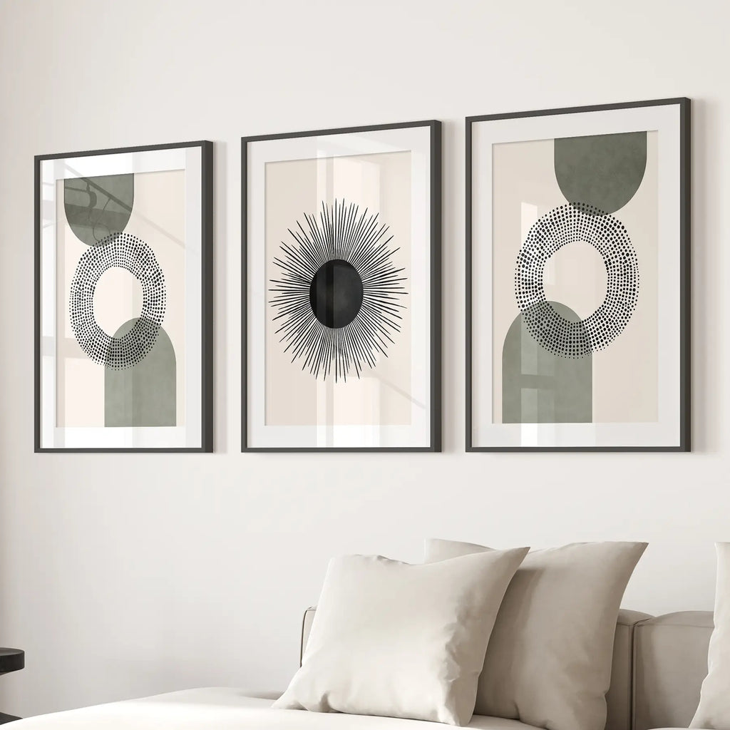 Set of 3 Boho Prints. Sage Green Modern Mid Century Wall Art.