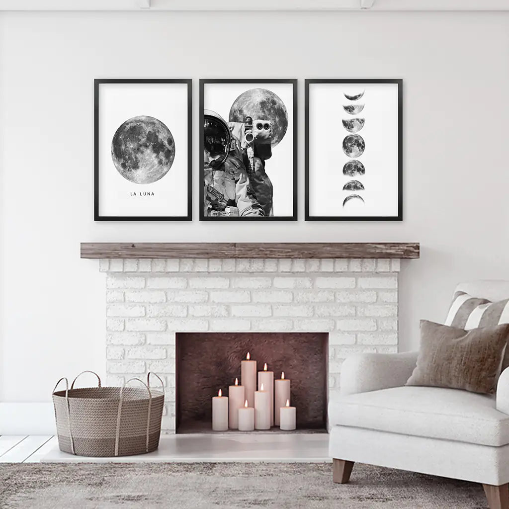 Modern Black White Moon Phases Wall Art Set of 3