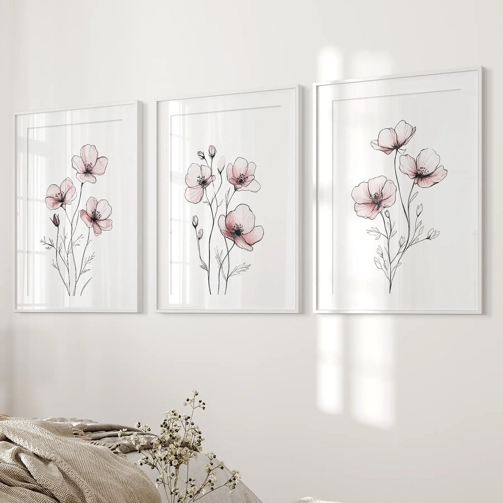Floral Minimalist Art Posters. 3 Piece Wall Decor