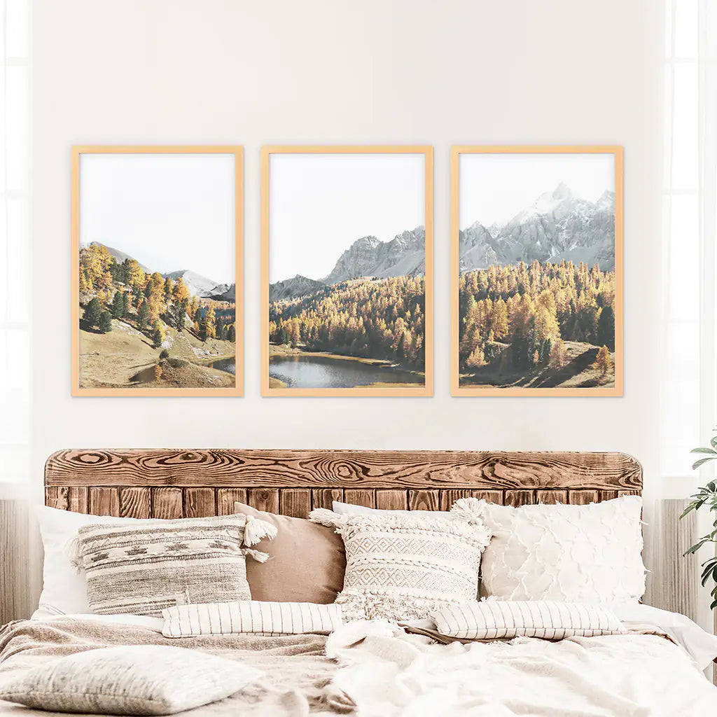 Brown Autumn Scenery. 3 Piece Mountain Lake, Forest Wall Art