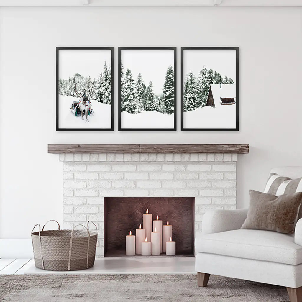 Winter Snowy Nature Triptych. Reindeer, Log Cabin, Pine Tree