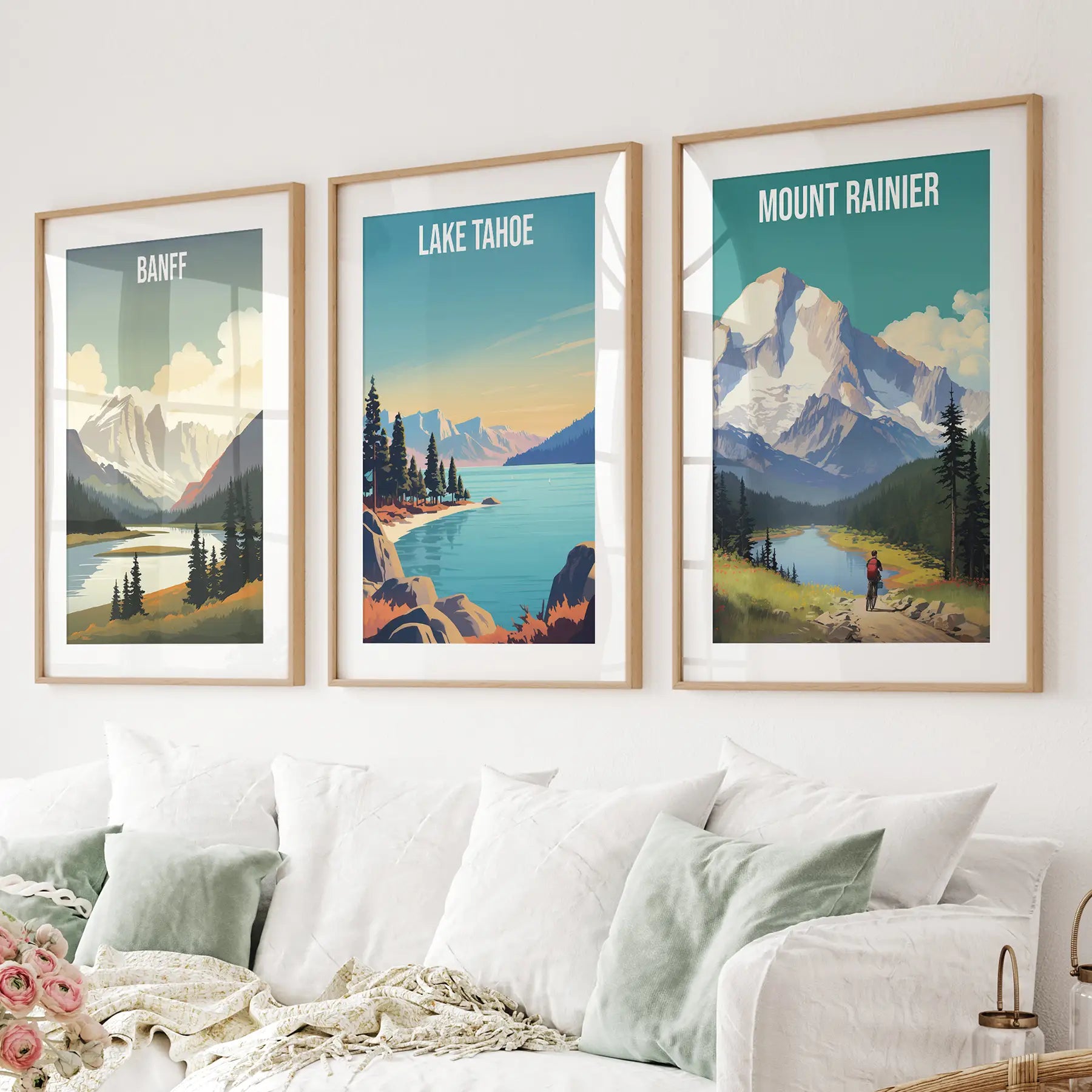 Set of 3 Travel Prints. Banff, Lake Tahoe, Mount Rainier Posters