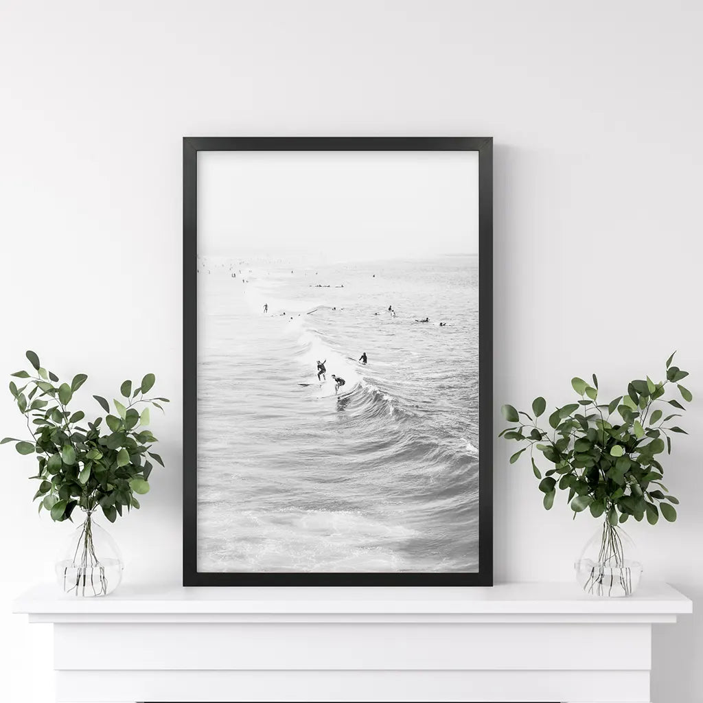 Black White Surfers on the Waves Wall Art Print