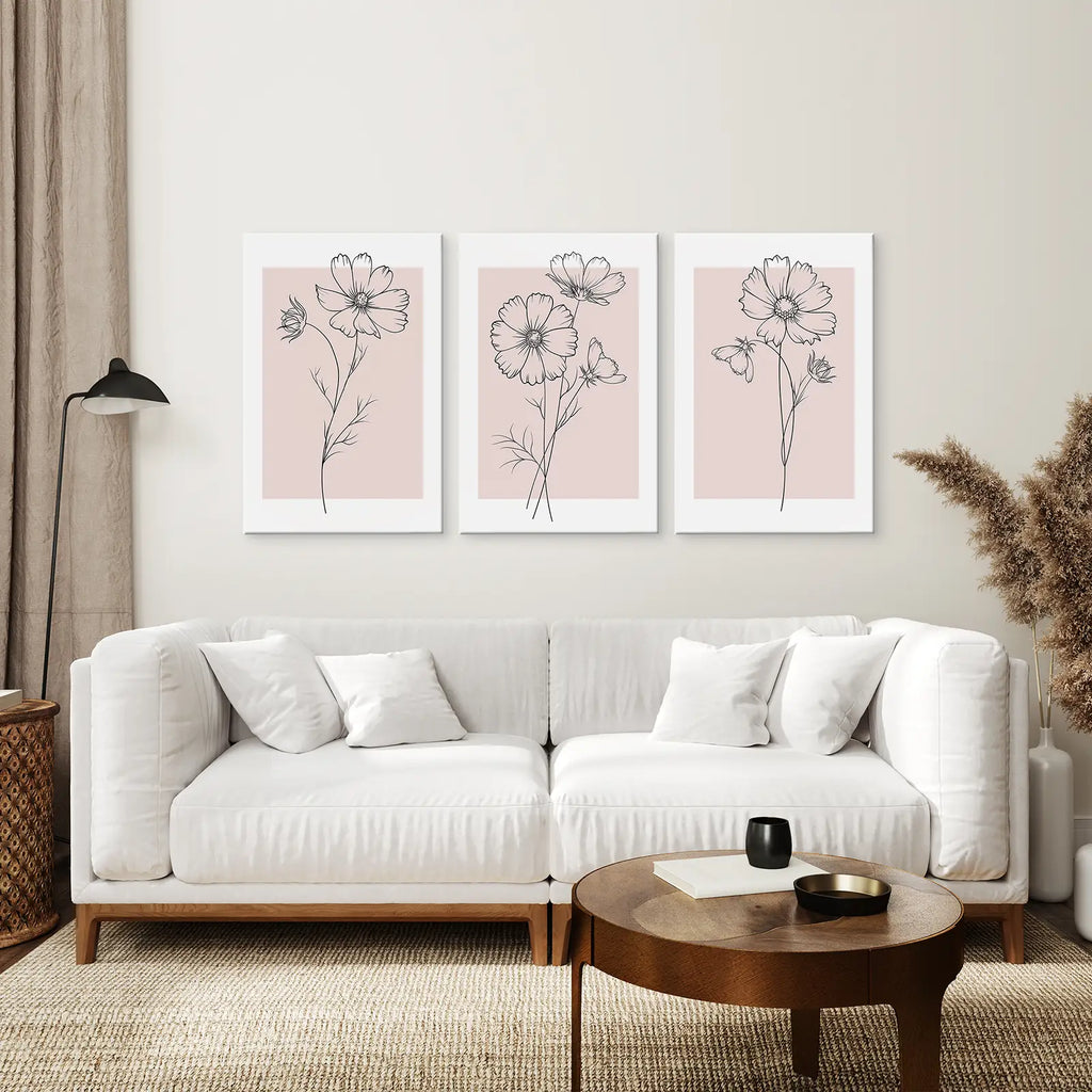 Pink Wall Art Set Of 3 Botanical Modern Decor