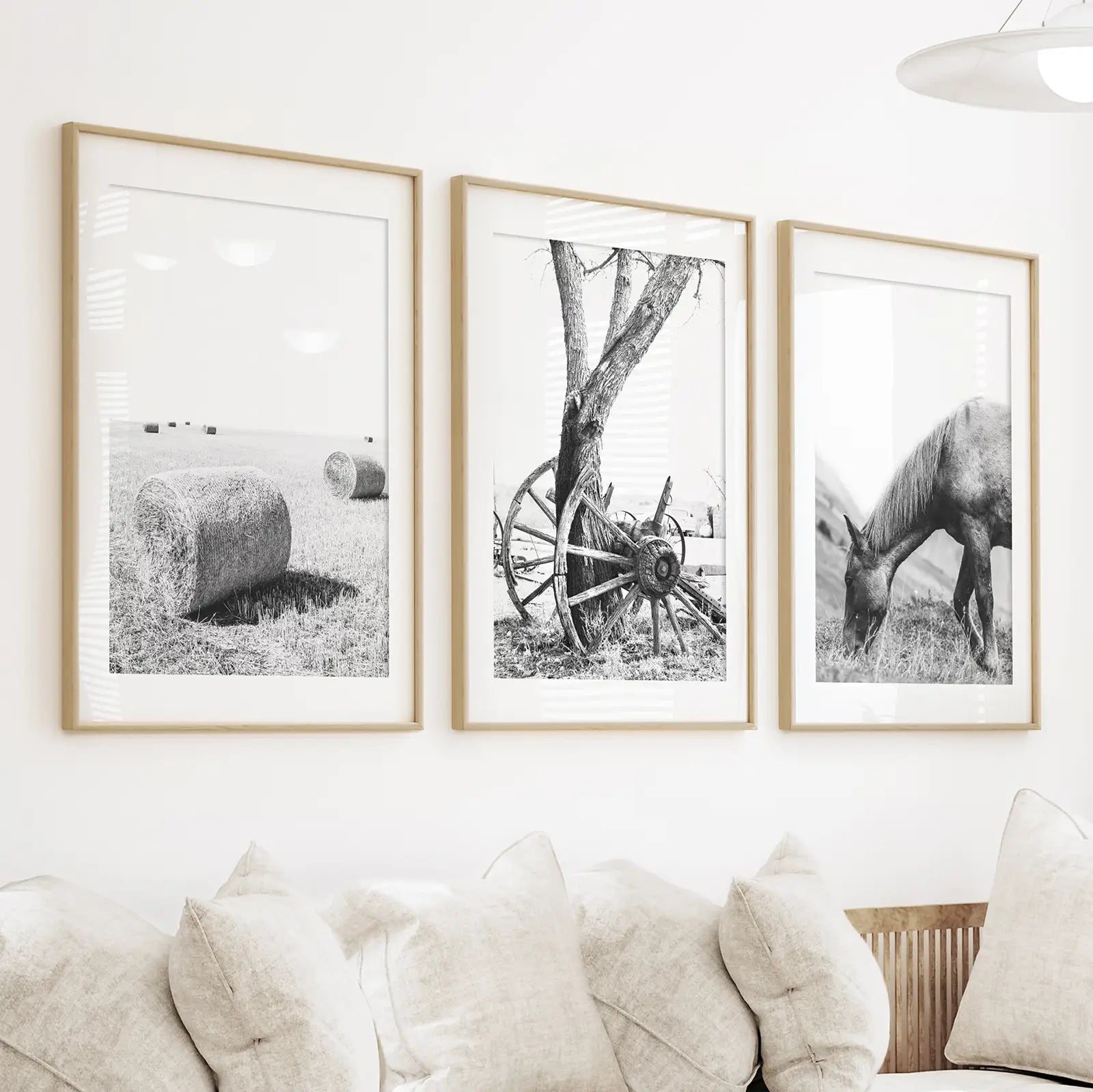 Black White Farm House Wall Décor. Horse, Hay Bales