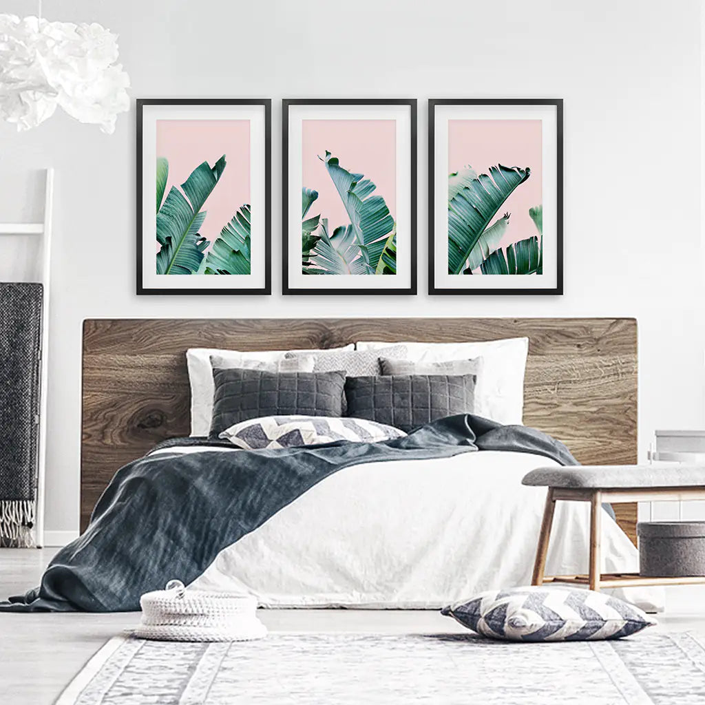 Green Banana Leaves on Pink. Tropical Triptych