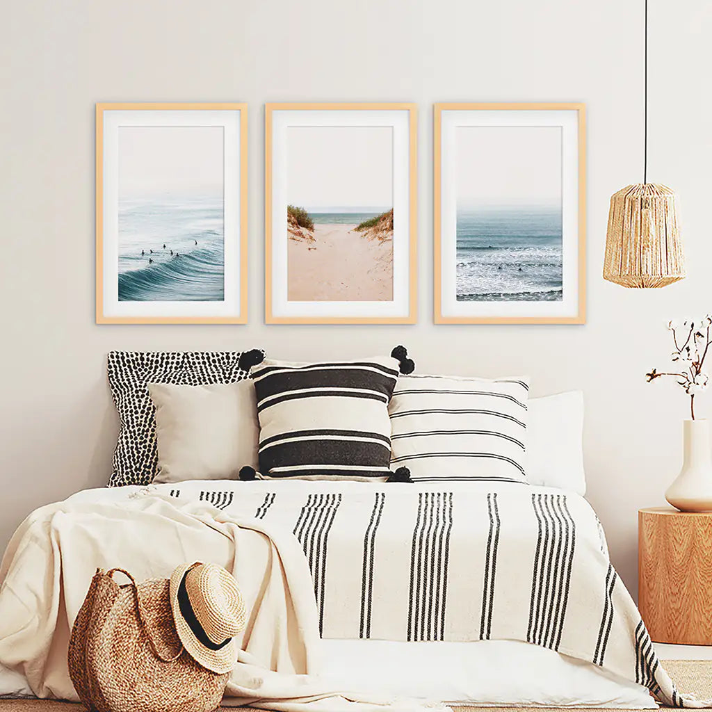 Modern Beach Set of 3 Posters. Sandy Beach, Waves, Surfers
